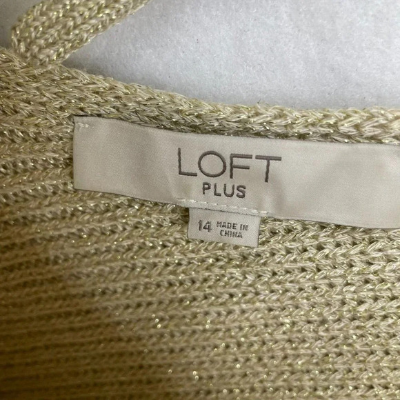 Loft Sweater Women's Sz 14 Plus Beige Knitted V-Neck Gold Metallic Tie-Back - Picture 10 of 12